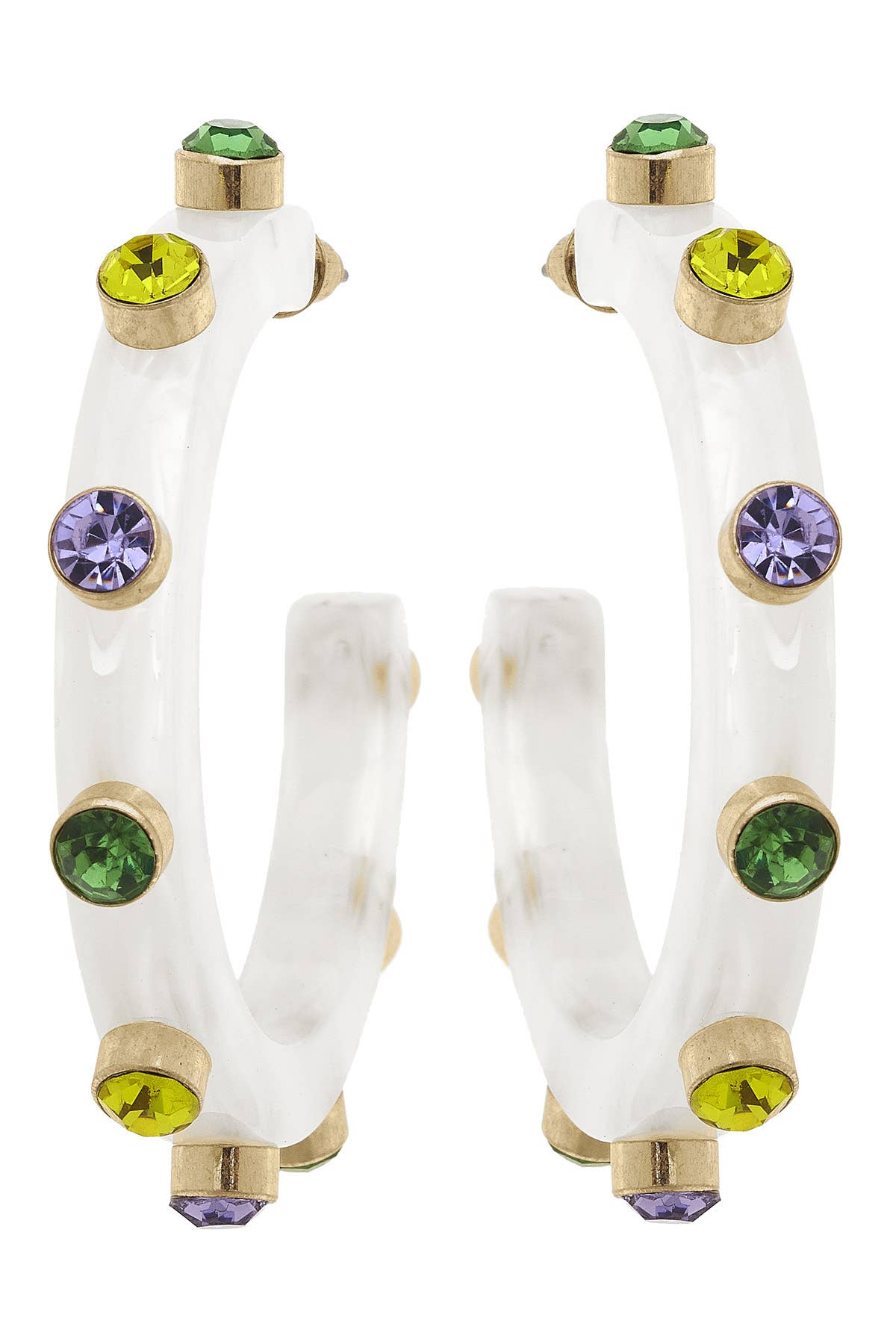 Mardi Gras Marbled Resin & Rhinestone Hoop Earrings
