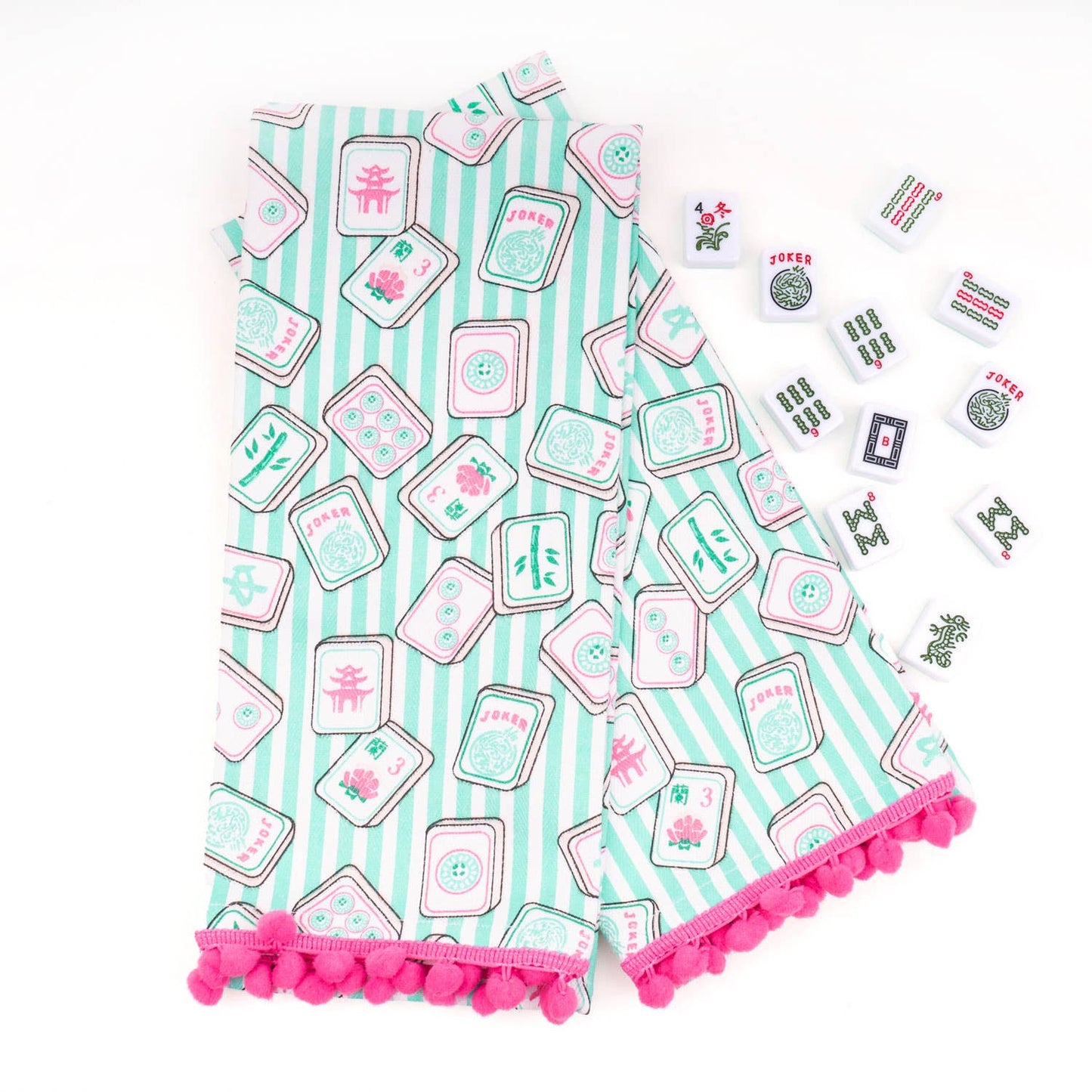 Mahjong Stripe Pom-Pom Kitchen Towel Set of 2