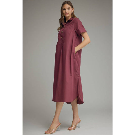 Wine Midi Dress with Gold Buttons