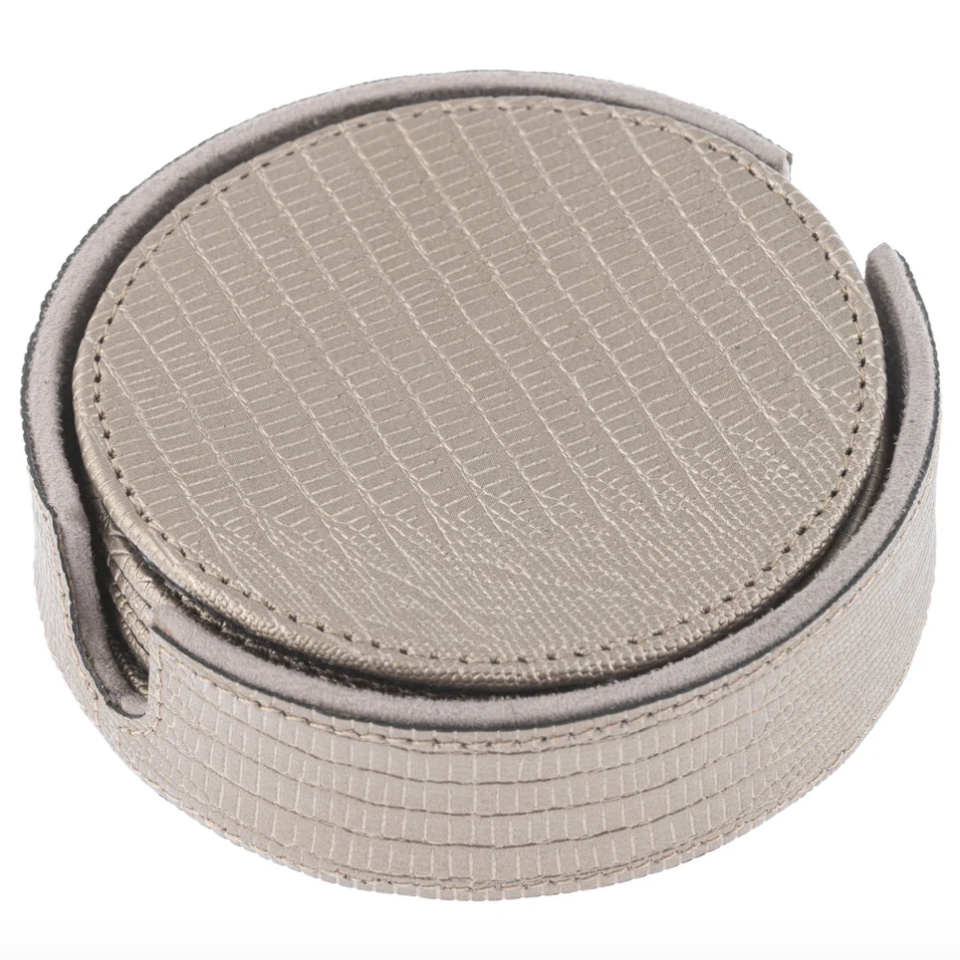Metallic Pewter Leather Coasters with Holder