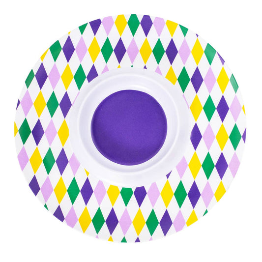 Mardi Gras Harlequin Melamine Chip & Dip White/Purple/Green/Yellow 15"