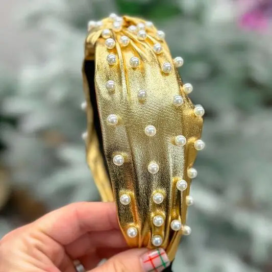 Pearl Embellished Top Knot Headband - Gold