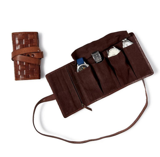 Chestnut Woven Leather Watch Roll