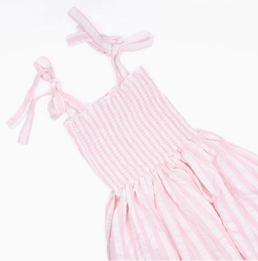 Smock Dress 100% Cotton - Pink & White Textured Stripe