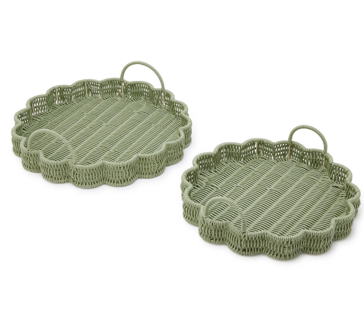 Weather Wicker Scallop Edge Green Round Serving Tray