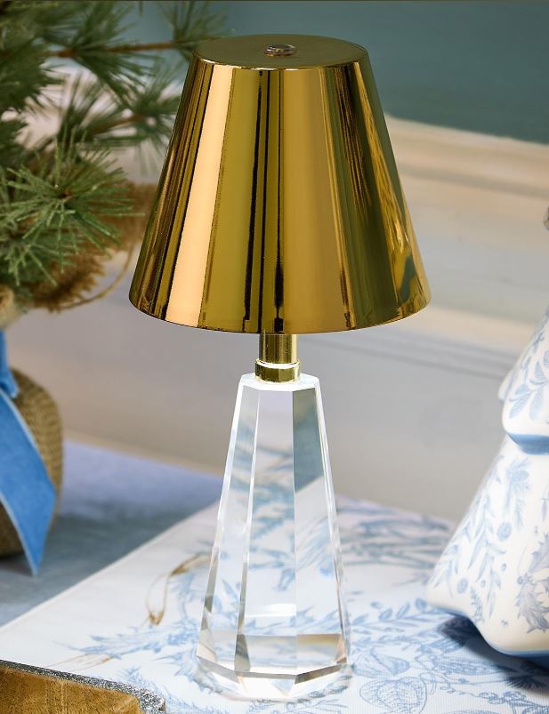 Faceted Crystal-Style Glass LED Portable Cordless Table Lamp with Gold Metallic Shade