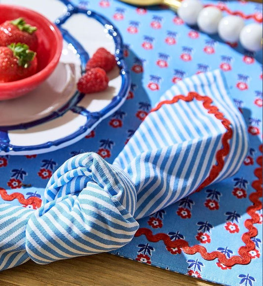 Set of 4 Blue Stripe w/Red Ric Rac Trim Cloth Dinner Napkins