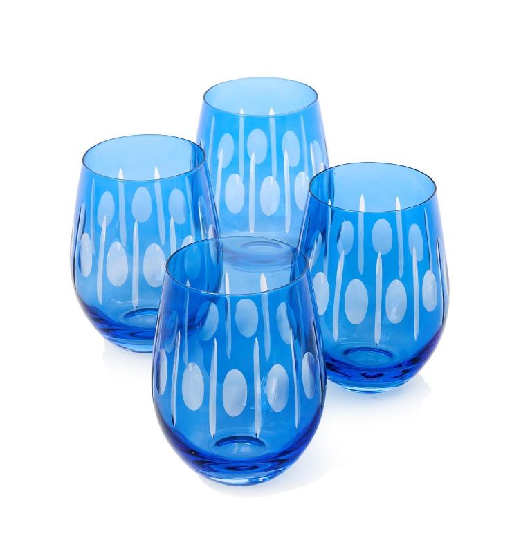 Set of 4 Blue Hand Engraved Stemless Wine Glasses