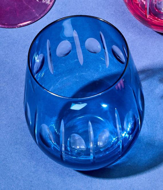 Set of 4 Blue Hand Engraved Stemless Wine Glasses
