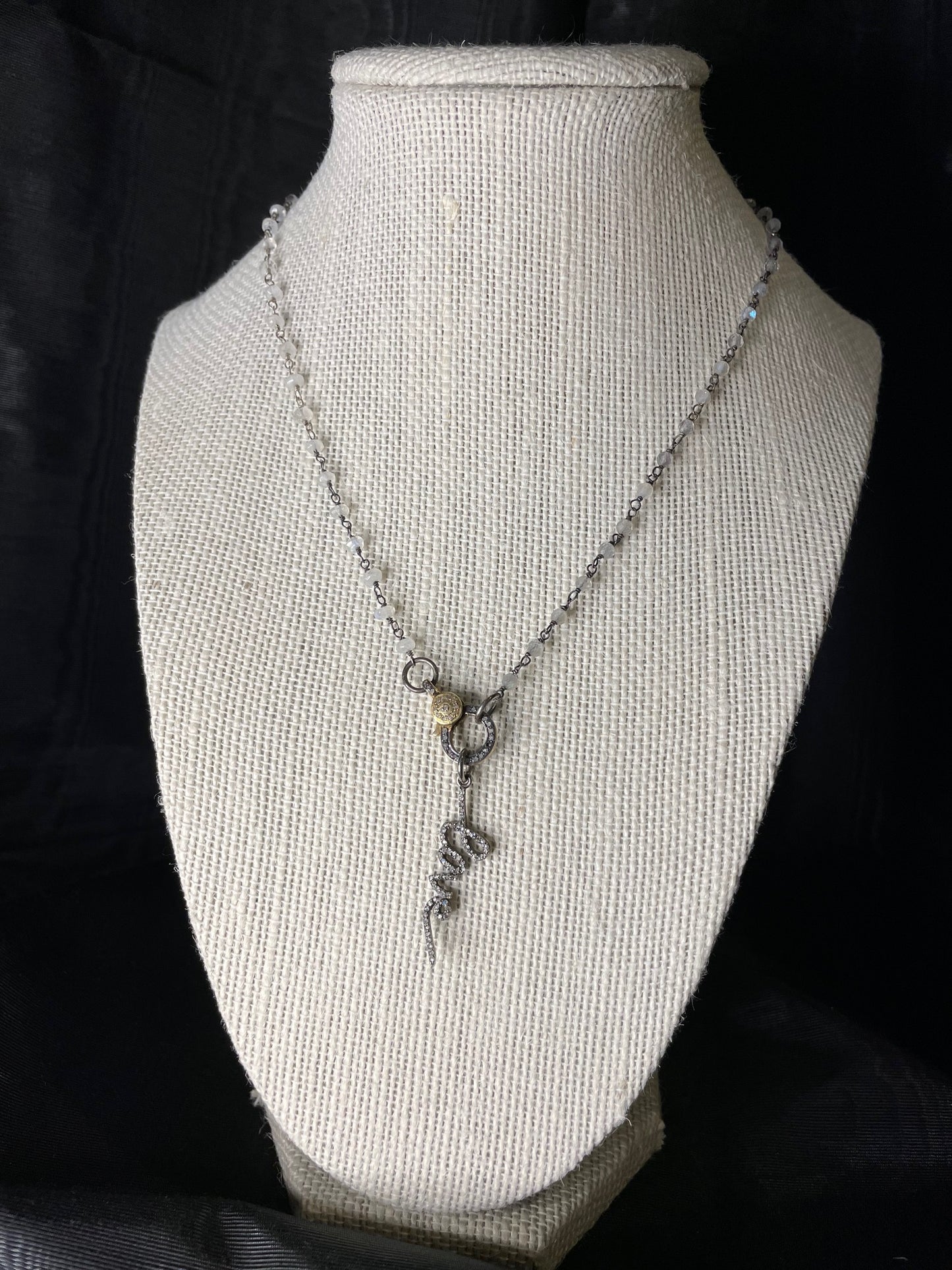 SZ - #16 Moonstone Rosary Necklace Pave LOVE Charm