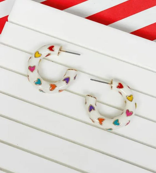 Little Heart-Patterned Enamel Hoop Earrings