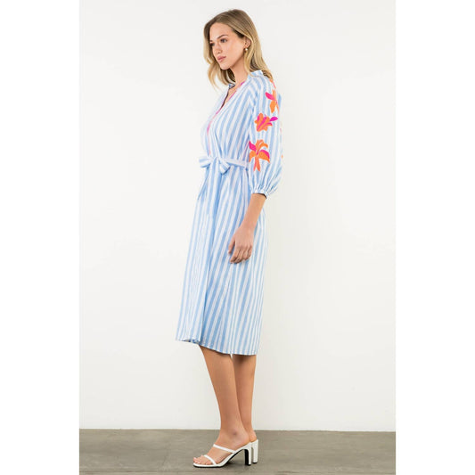 Embroidered Puff Sleeve Striped Maxi Dress