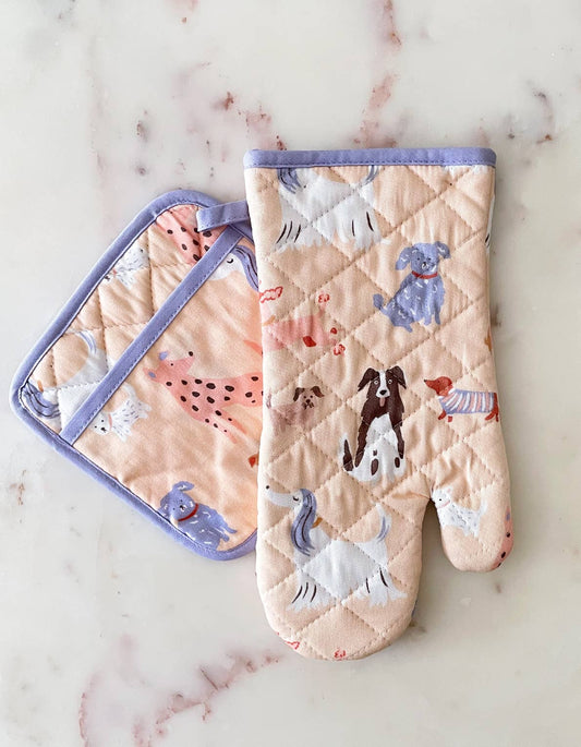 Dogs Oven Mitt + Pot Holder Set