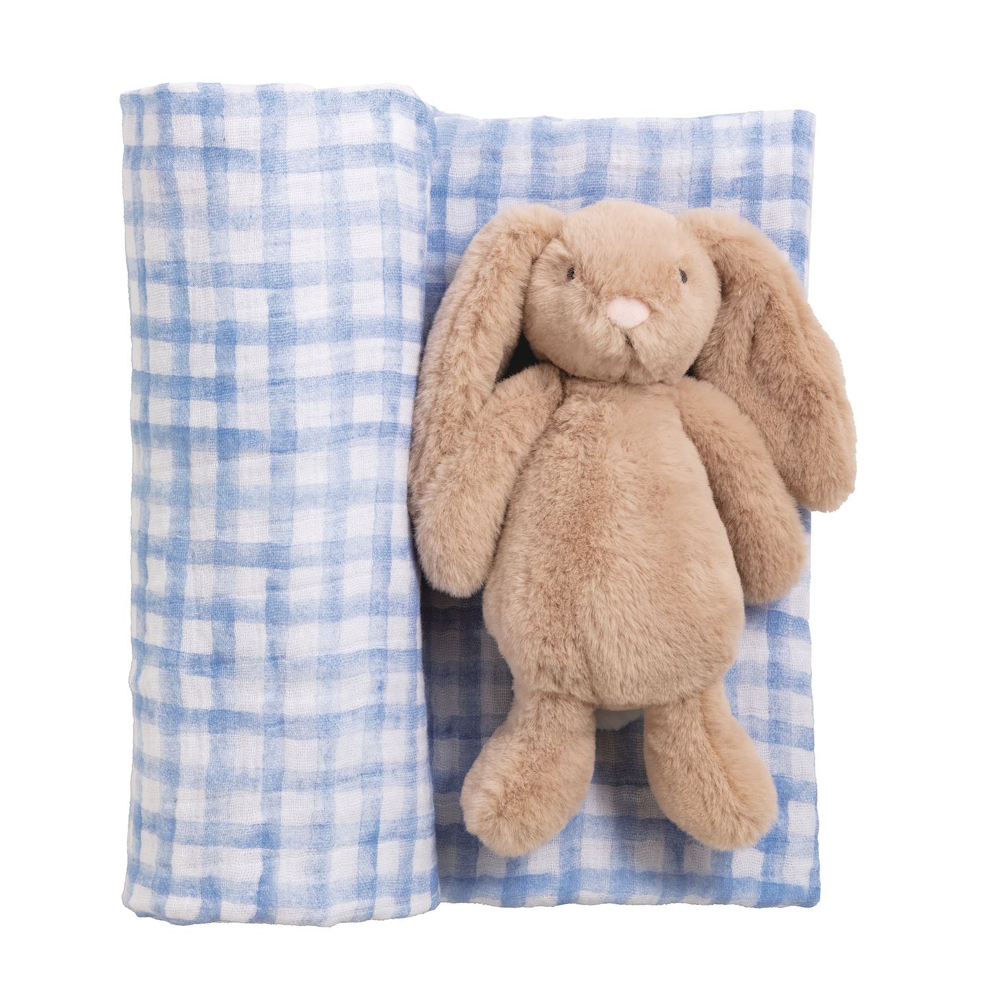 Blue Check Swaddle & Rattle Set
