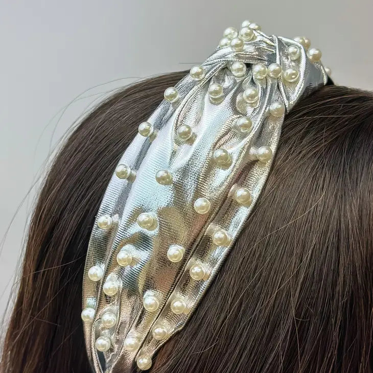 Pearl Embellished Top Knot Headband - Silver