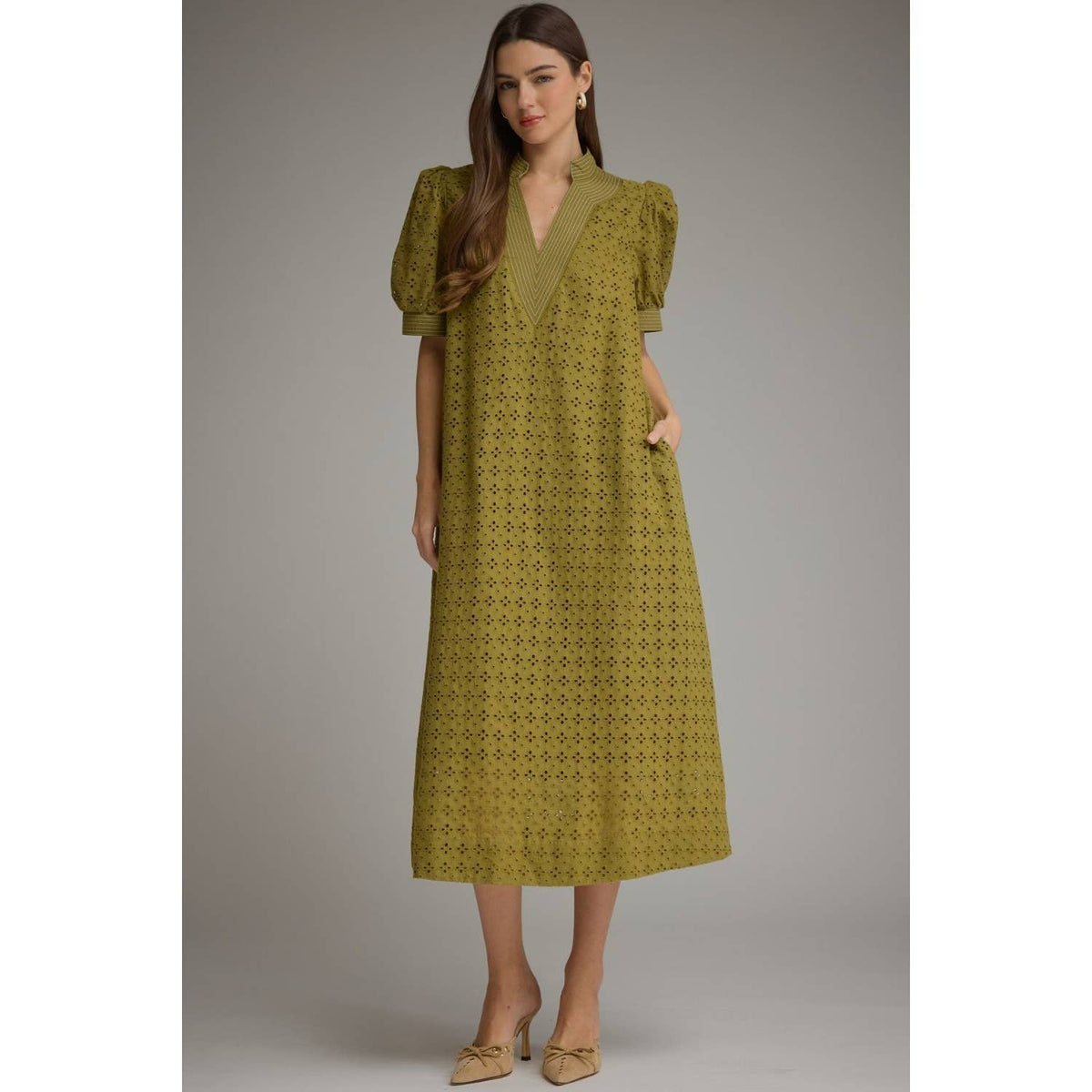 Chartreuse Eyelet Midi Dress