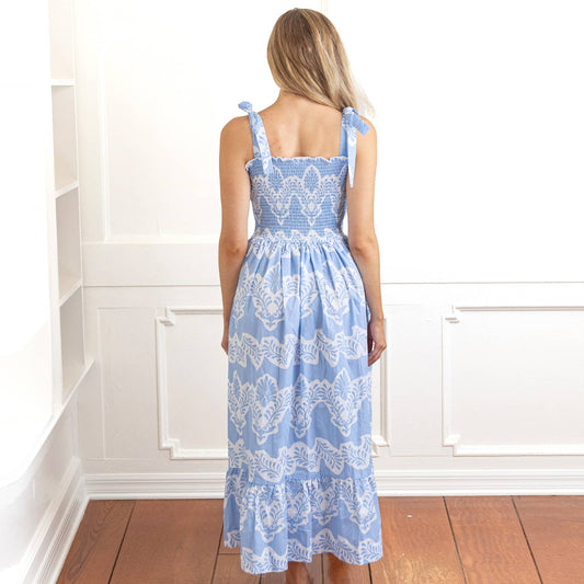 Modern Blue Tie Top Smocked Dress