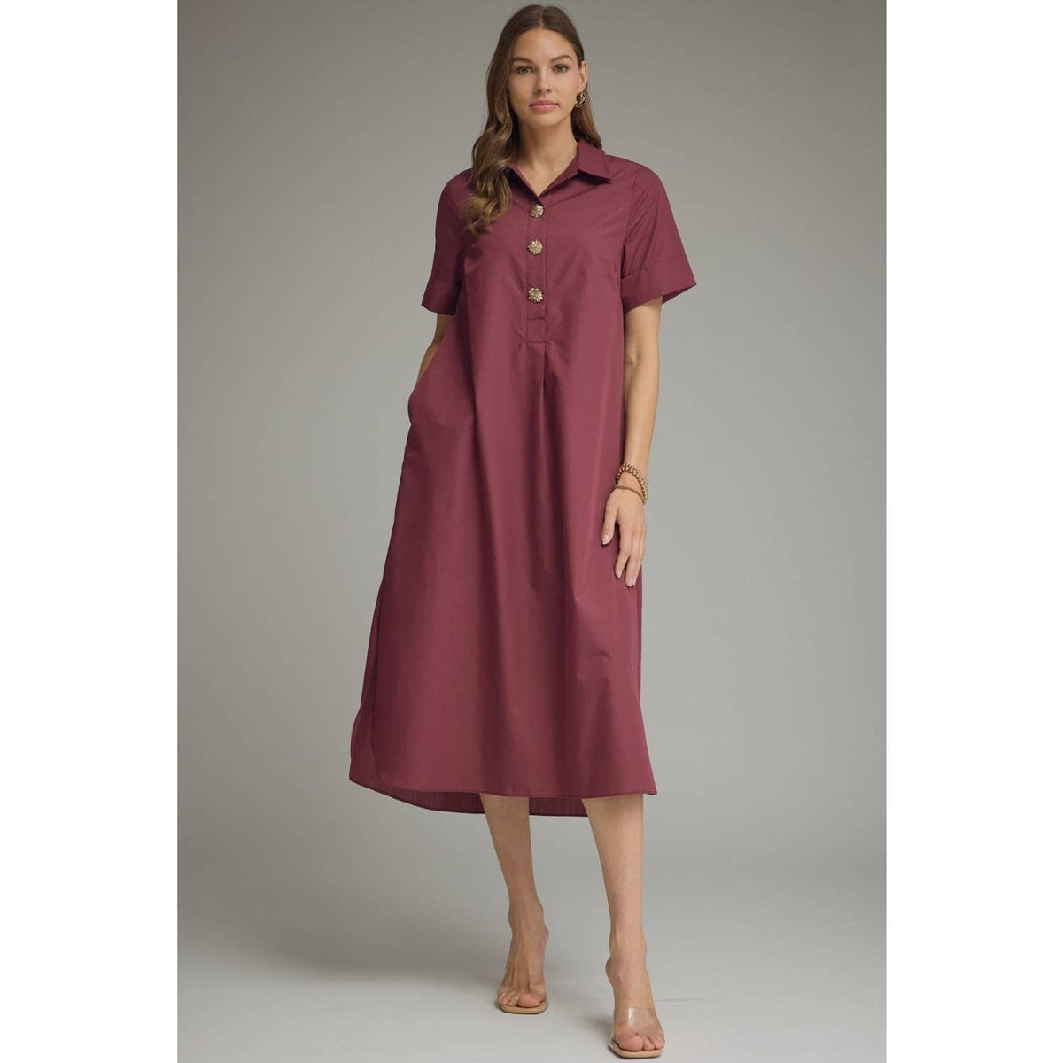 Wine Midi Dress with Gold Buttons