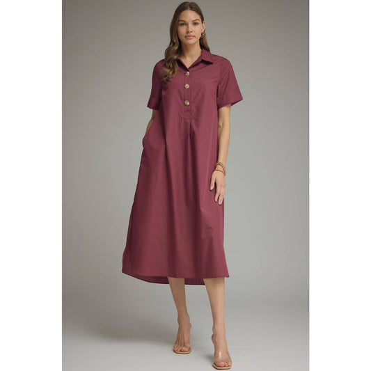 Wine Midi Dress with Gold Buttons