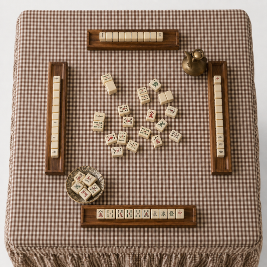 Mahjong Game Tablecloth - Skirted Linen Brown Mini Gingham