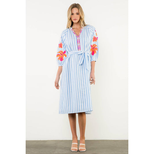 Embroidered Puff Sleeve Striped Maxi Dress