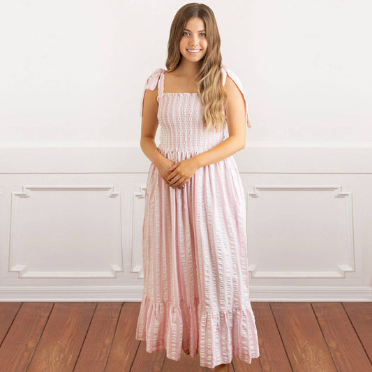 Pink & White Textured Tie Top Smocked Dress