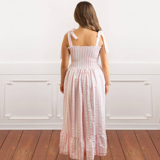 Pink & White Textured Tie Top Smocked Dress
