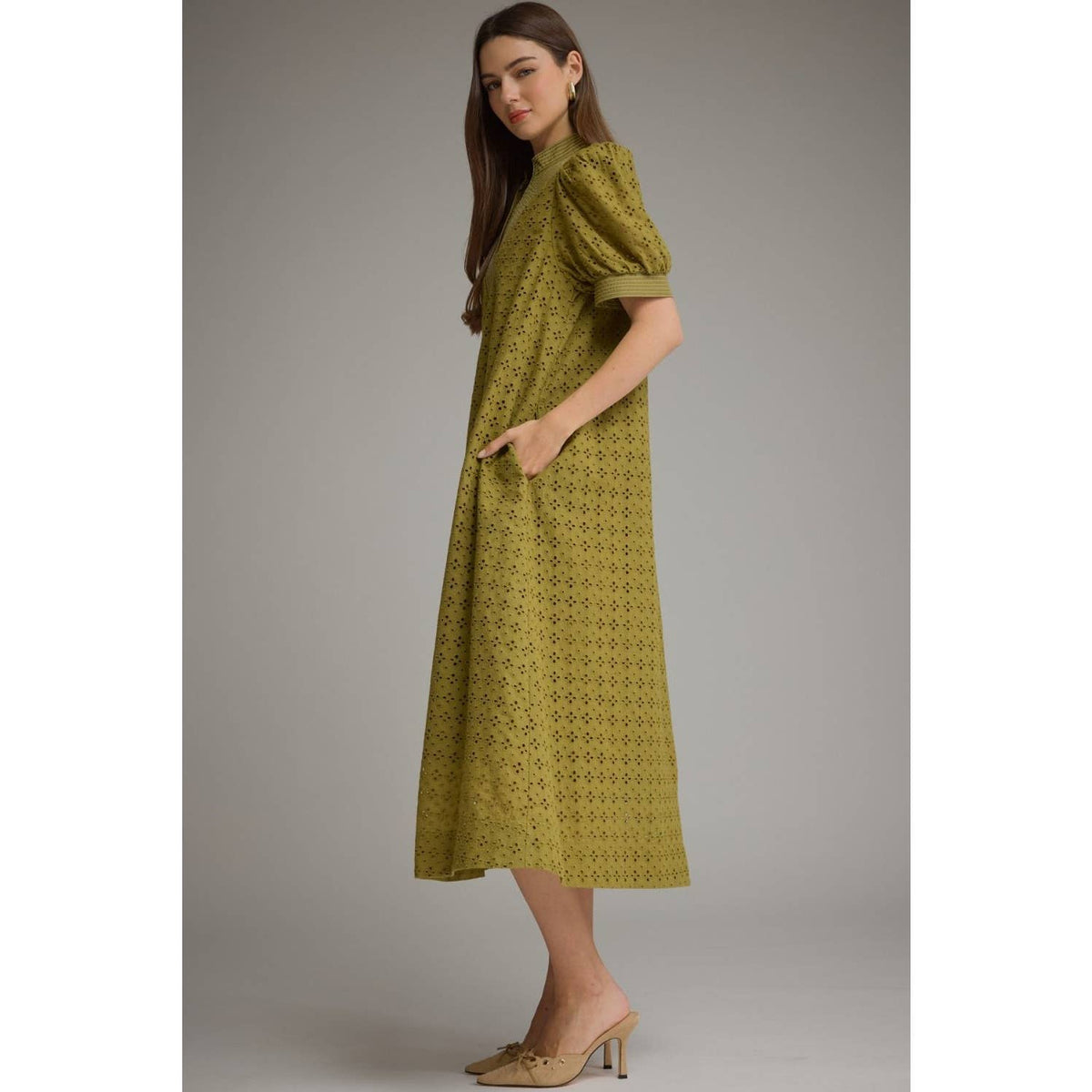 Chartreuse Eyelet Midi Dress