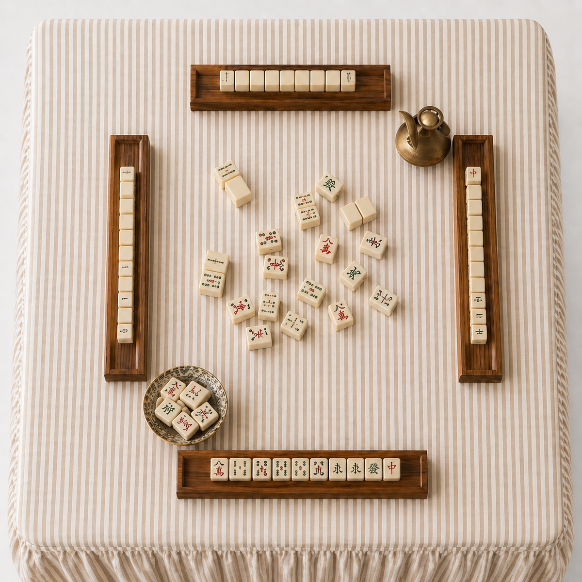 Mahjong Game Tablecloth -Skirted Linen Oatmeal Stripe