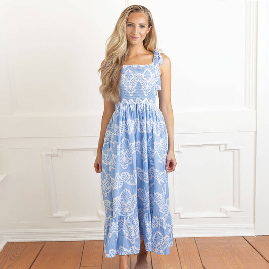 Modern Blue Tie Top Smocked Dress