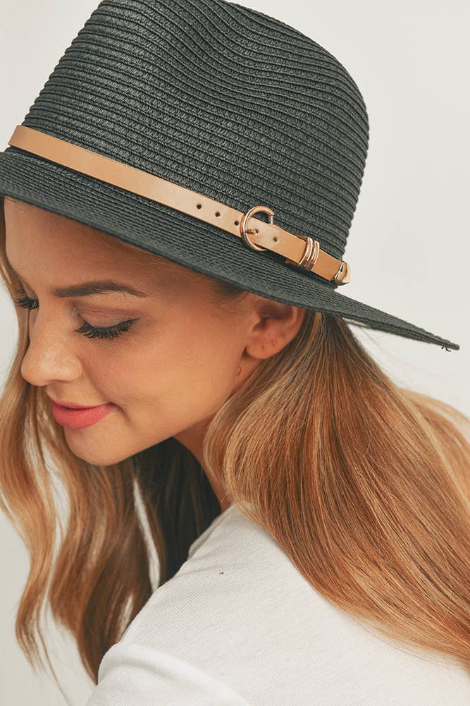 PU Leather Buckled Band Panama Hat