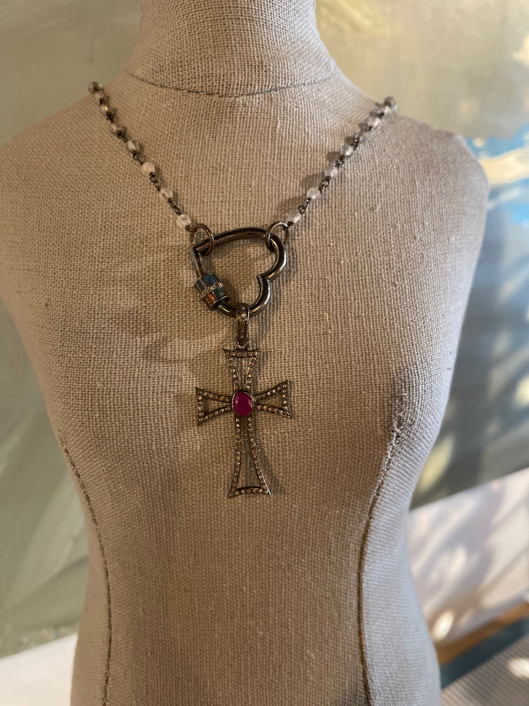 SZ - #02 Moonstone Rosary w/ Heart Lock and Ruby Cross