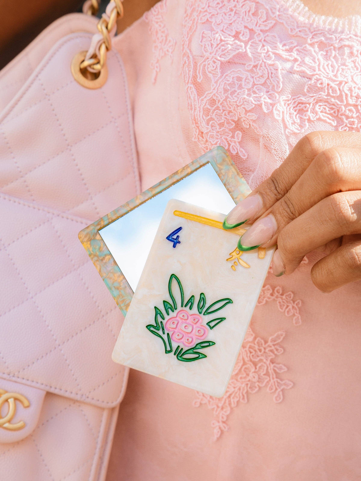 Hand-painted Flower Mahjong Compact Mirror | Eco-Friendly