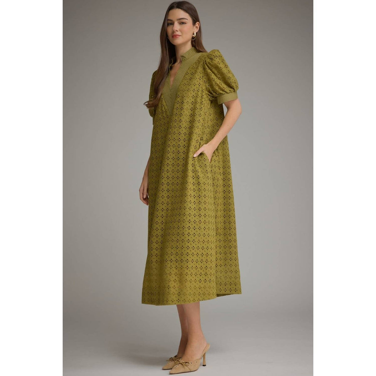 Chartreuse Eyelet Midi Dress