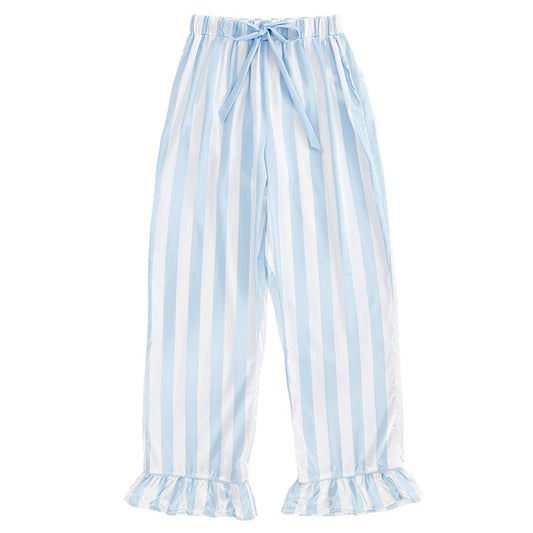 Ruffle PJ Set With Velvet Tie - Blue Stripe