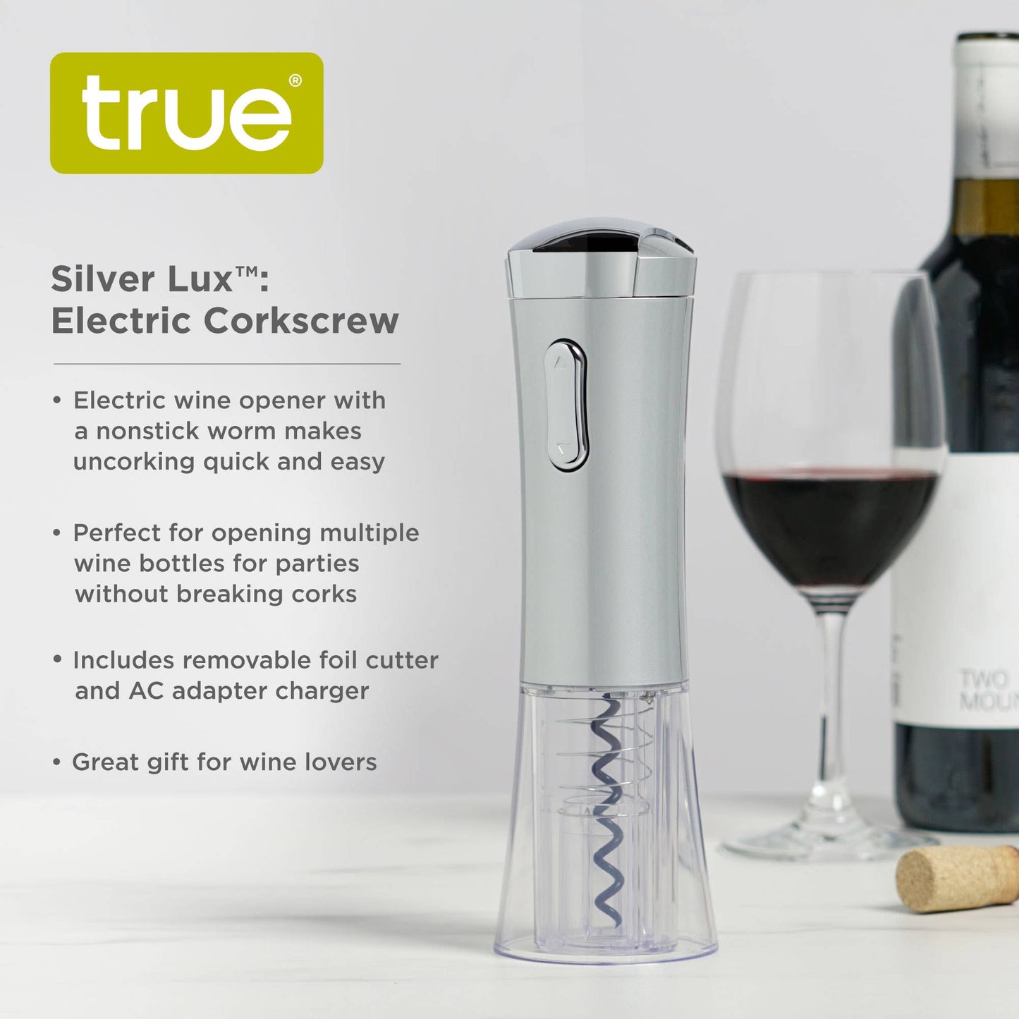 Silver Lux™ Electric Corkscrew w/ Removable Foil Cutter