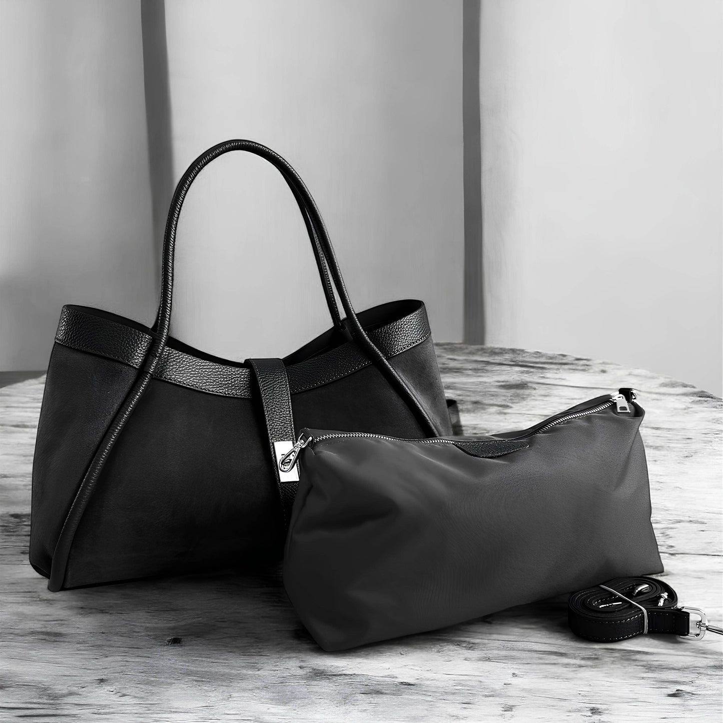 Italian Suede and Togo Leather Bag: Black