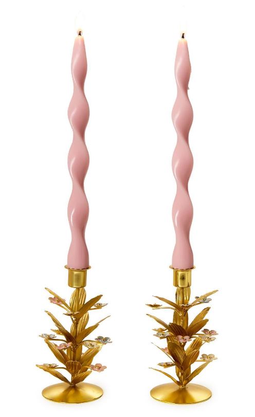 Tri-Flower Set of 2 Flower Embellished Taper Candle Candleholders - Iron/Enamel