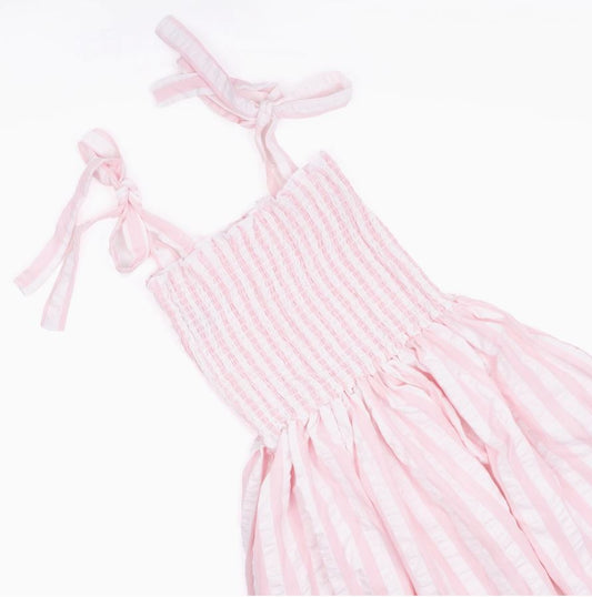 Smock Dress 100% Cotton - Pink & White Textured Stripe
