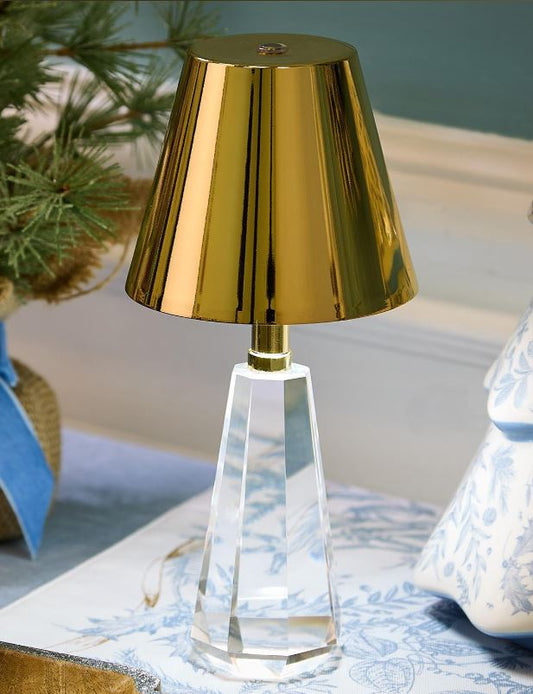 Faceted Crystal-Style Glass LED Portable Cordless Table Lamp with Gold Metallic Shade