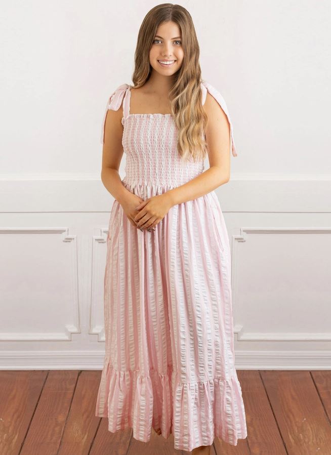 Smock Dress 100% Cotton - Pink & White Textured Stripe