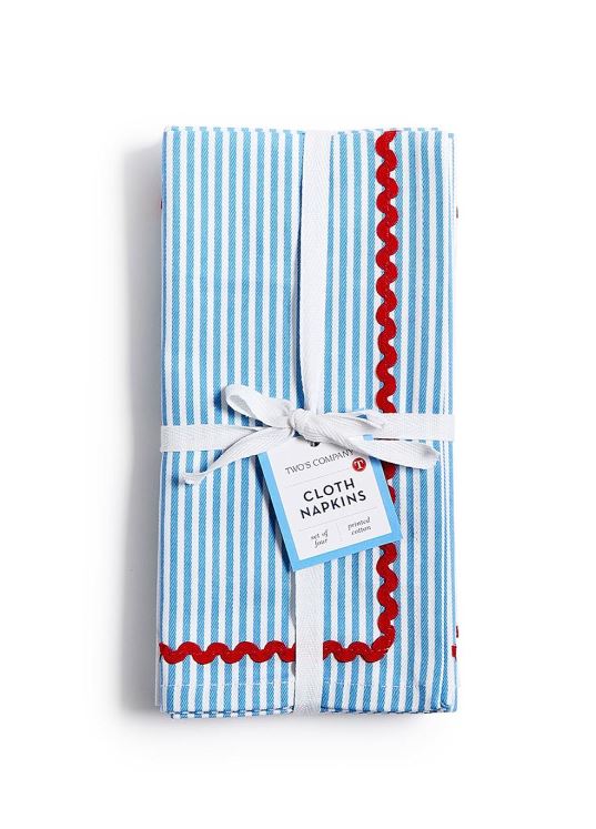 Set of 4 Blue Stripe w/Red Ric Rac Trim Cloth Dinner Napkins