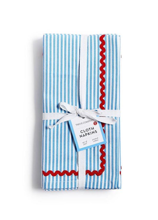 Set of 4 Blue Stripe w/Red Ric Rac Trim Cloth Dinner Napkins