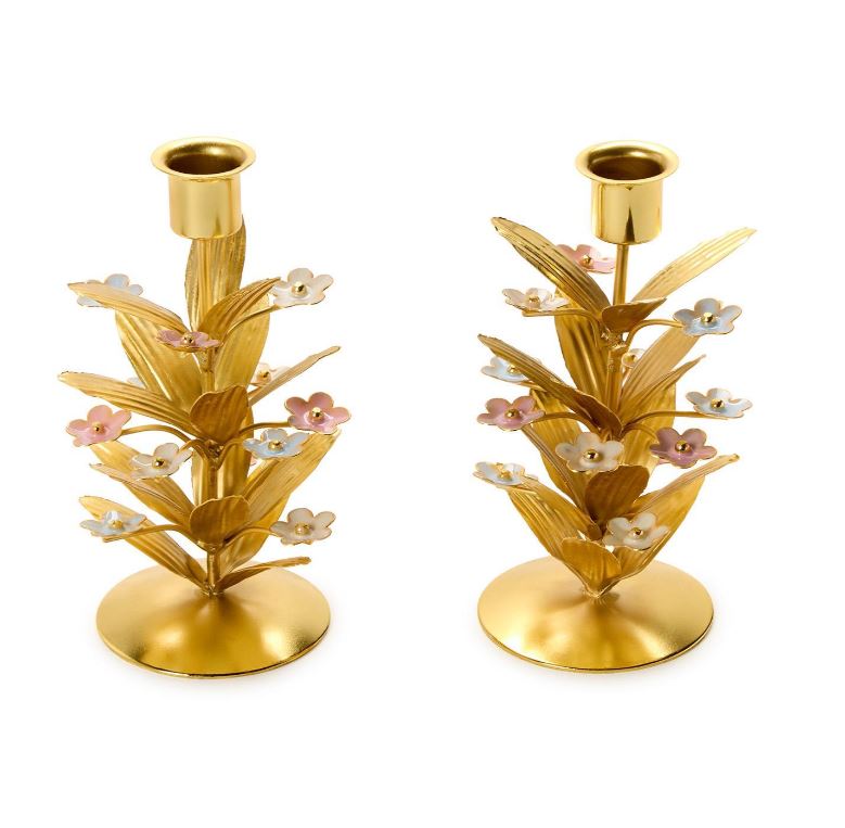 Tri-Flower Set of 2 Flower Embellished Taper Candle Candleholders - Iron/Enamel