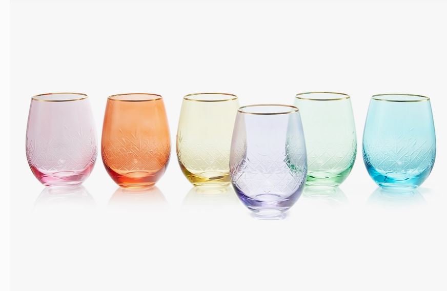 Art Deco Colored Crystal Stemless Wine Glass Set