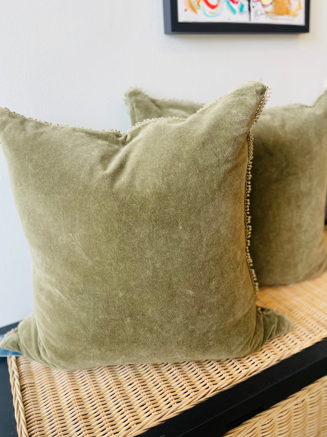 Sage Green Velvet Pom Pom Pillow